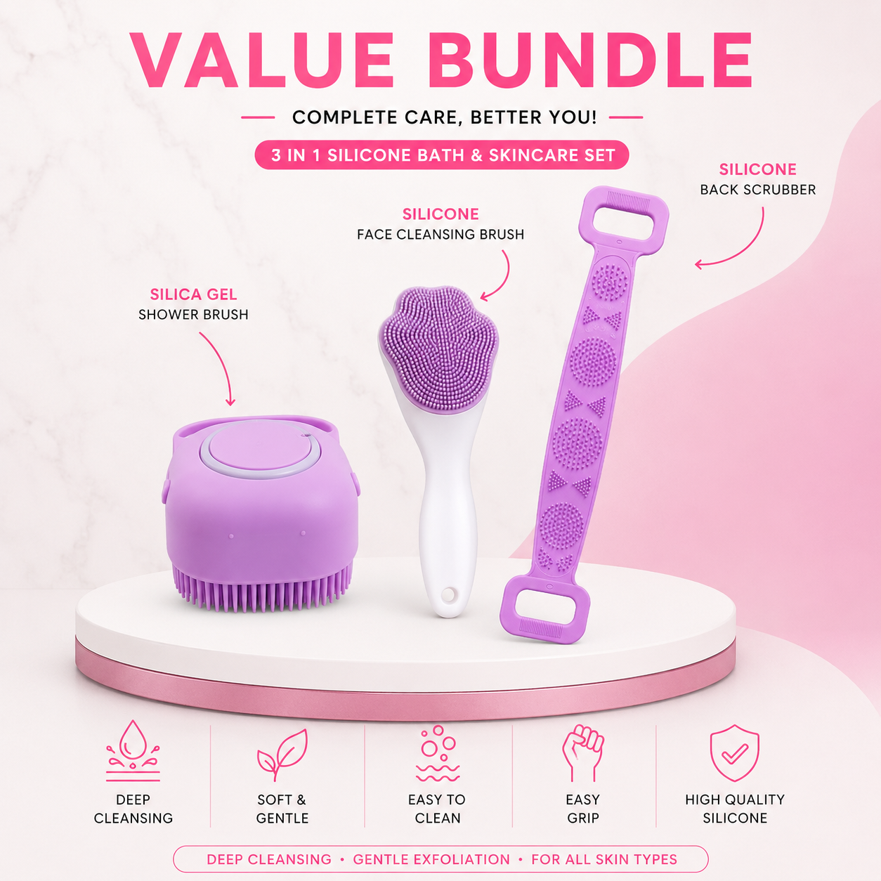 3 in 1 Silicone Bath & Skincare Value Bundle – Face Cleansing Brush, Silicone Shower Brush & Back Scrubber Set