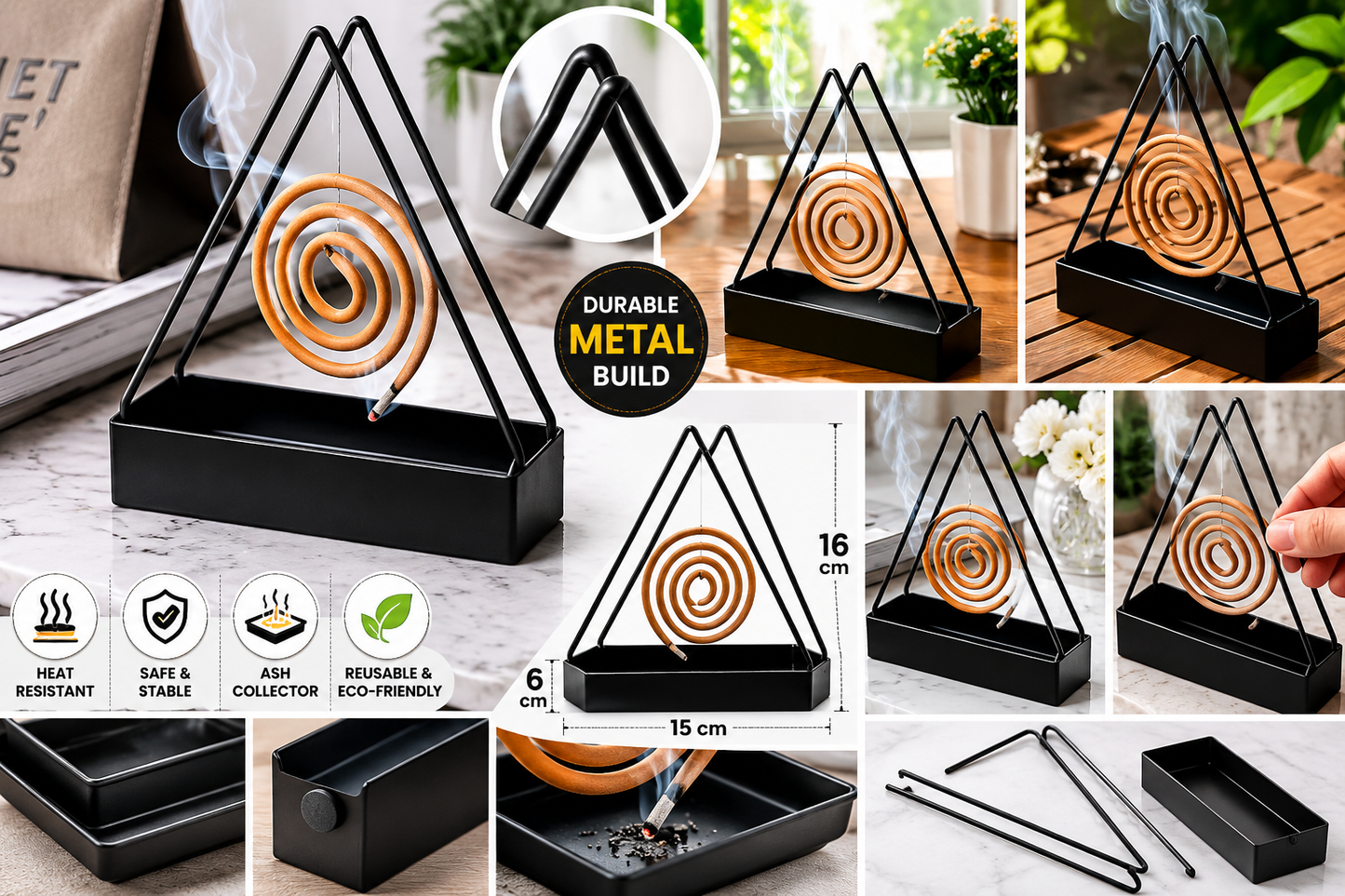 Simple Triangle-shaped Iron Mosquito Coil Holder Creative Hanging Or Standing Incense Burner - pack of 1