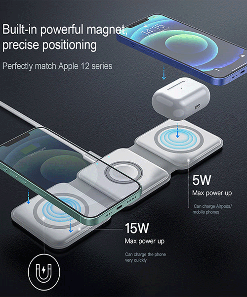 3-in-1 Magnetic Wireless Charging Station – 15W Fast Charger for iPhone, AirPods & Apple Watch