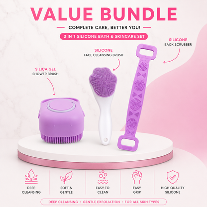 3 in 1 Silicone Bath & Skincare Value Bundle – Face Cleansing Brush, Silicone Shower Brush & Back Scrubber Set