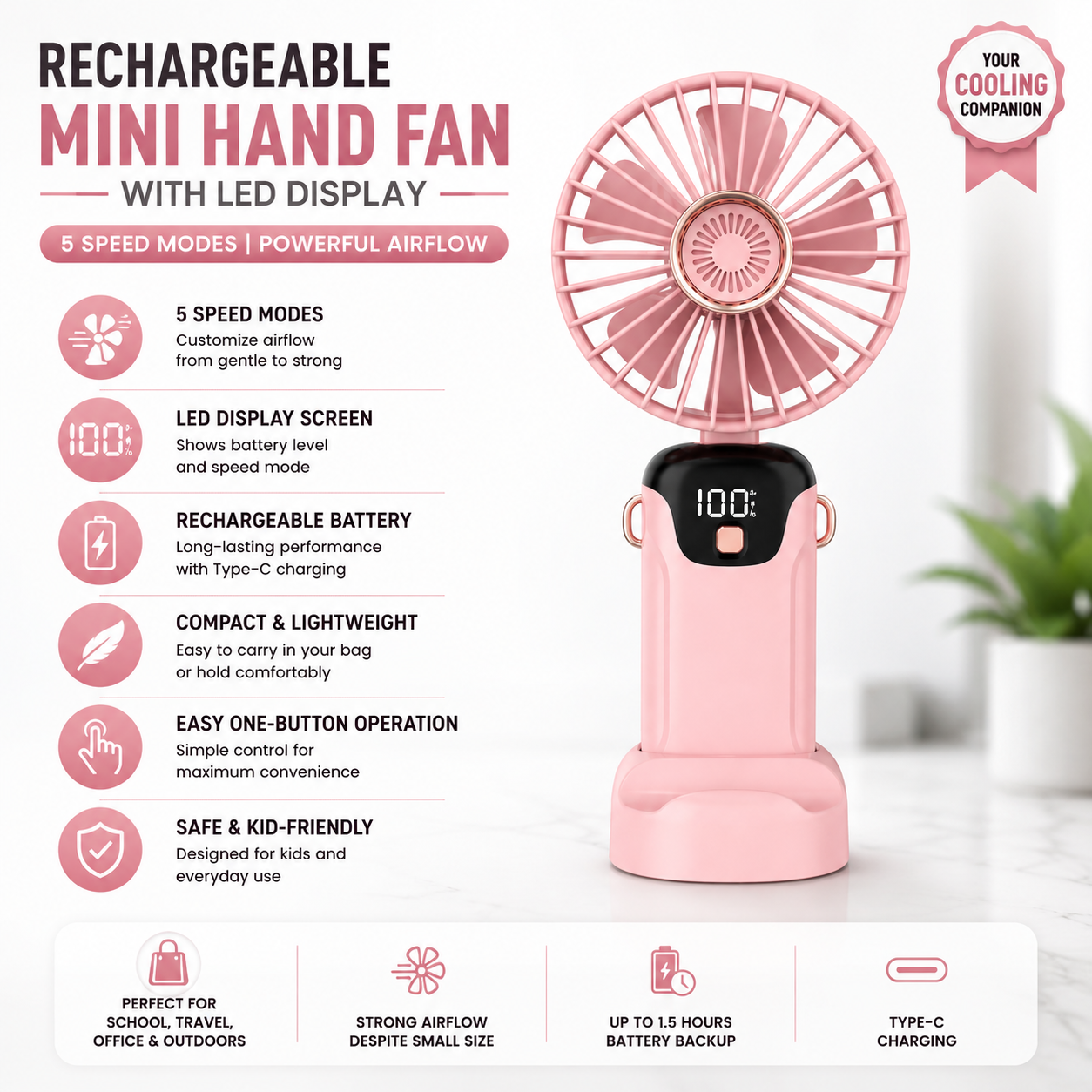 Rechargeable Mini Hand Fan with LED Display | 5 Speed Portable USB Fan