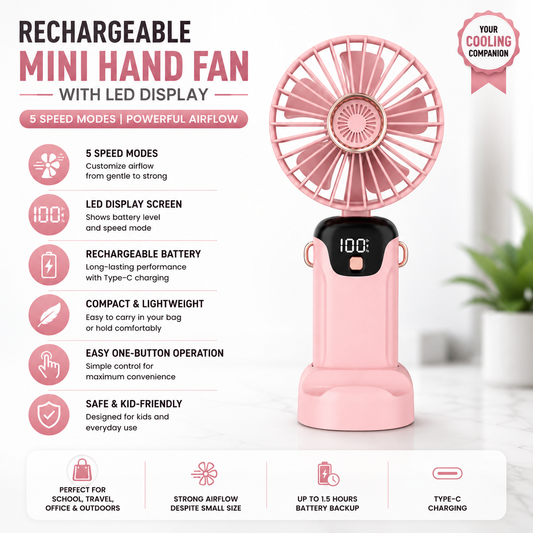 Rechargeable Mini Hand Fan with LED Display | 5 Speed Portable USB Fan