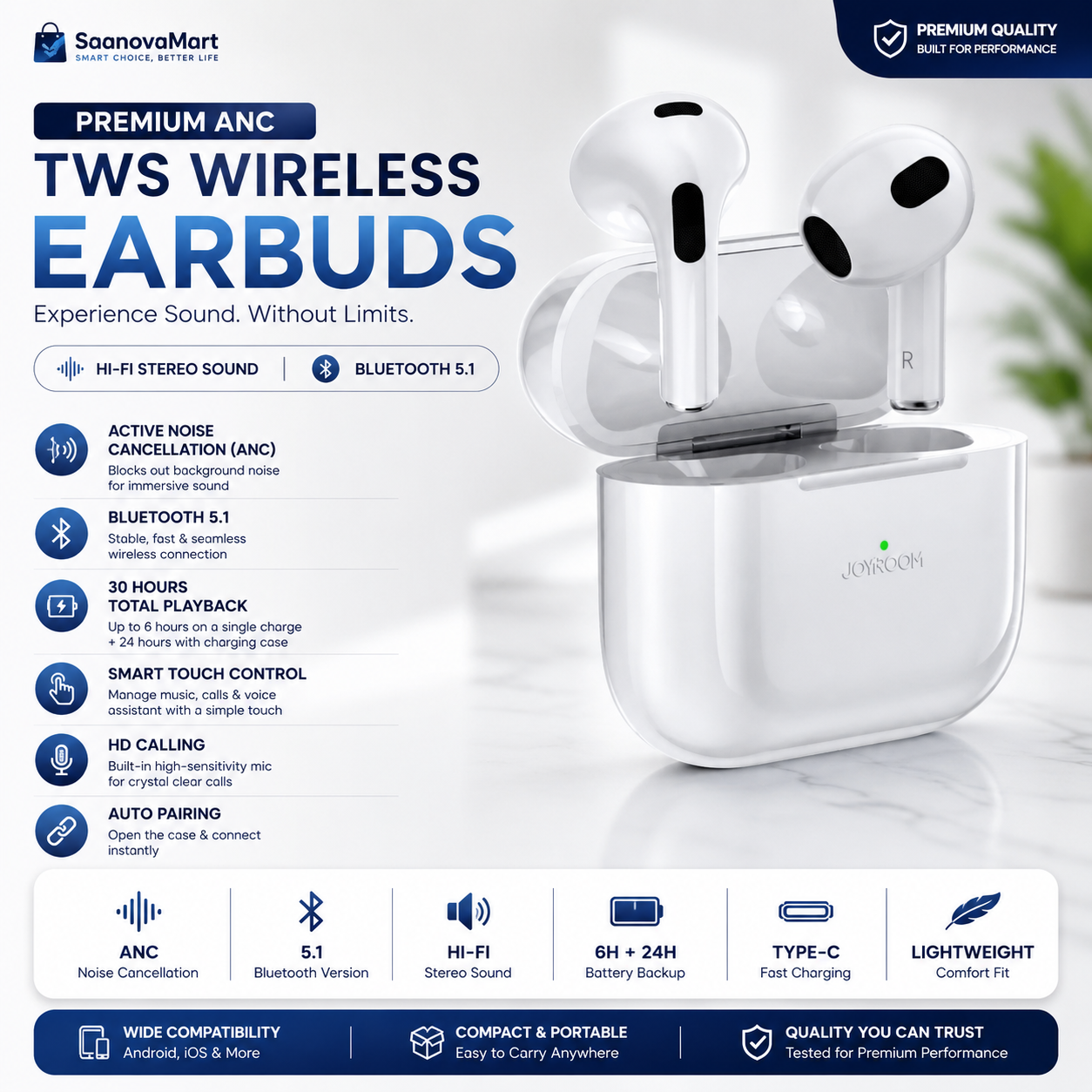 Premium ANC TWS Wireless Earbuds – Bluetooth 5.1 | Hi-Fi Stereo Sound | Touch Control