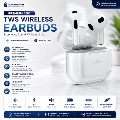 Premium ANC TWS Wireless Earbuds – Bluetooth 5.1 | Hi-Fi Stereo Sound | Touch Control