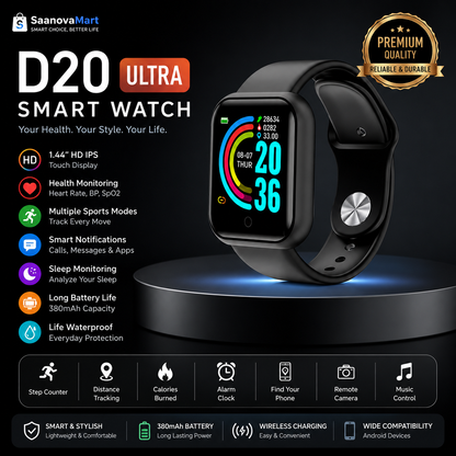 D20 Ultra Smart Watch | Fitness Tracker | Heart Rate Monitor | Multi-Sport Modes