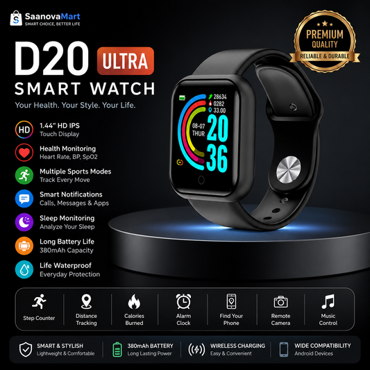 D20 Ultra Smart Watch | Fitness Tracker | Heart Rate Monitor | Multi-Sport Modes