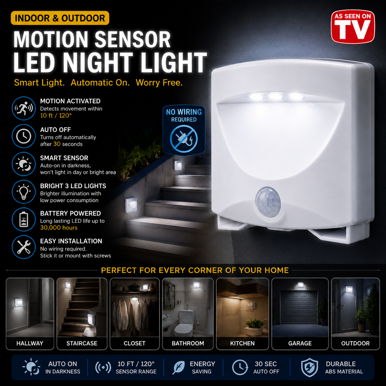 Wireless Motion Sensor LED Night Light | Battery Powered Indoor & Outdoor Light
