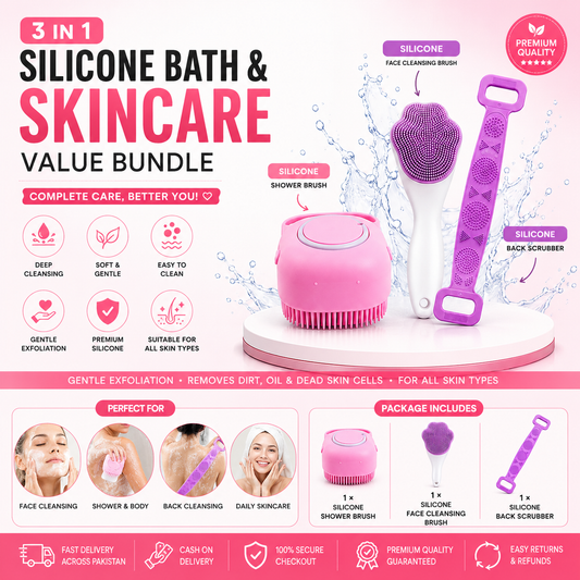 3 in 1 Silicone Bath & Skincare Value Bundle – Face Cleansing Brush, Silicone Shower Brush & Back Scrubber Set