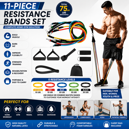11-Piece Resistance Bands Set with Handles, Door Anchor & Ankle Straps | Home Gym Workout Kit1