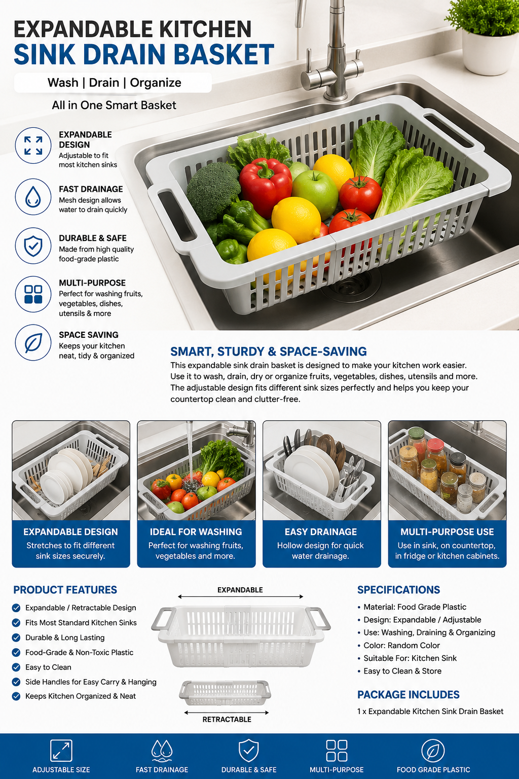 Expandable Kitchen Sink Drain Basket | Adjustable Plastic Dish Drainer & Fruit Washing Basket