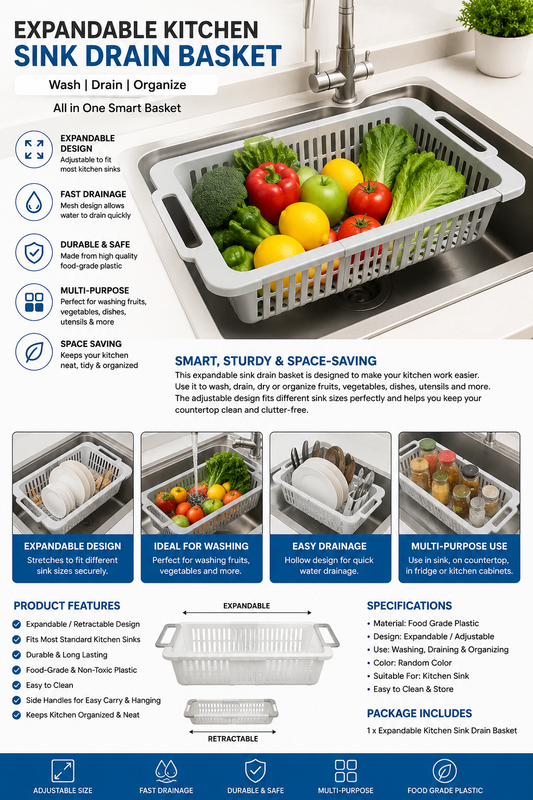 Expandable Kitchen Sink Drain Basket | Adjustable Plastic Dish Drainer & Fruit Washing Basket