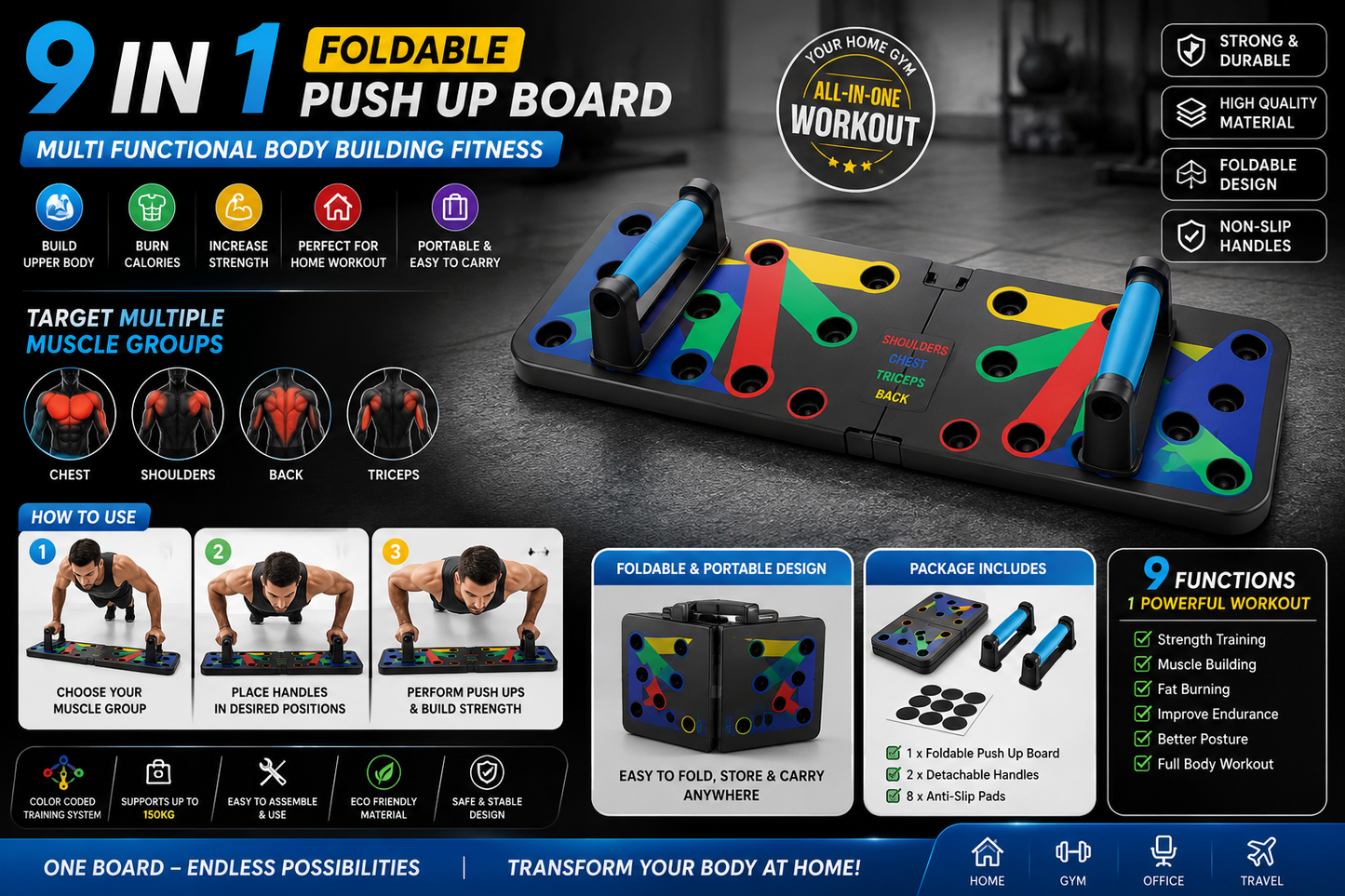 9-in-1 Foldable Push Up Board System | Portable Home Gym Fitness Workout Kit