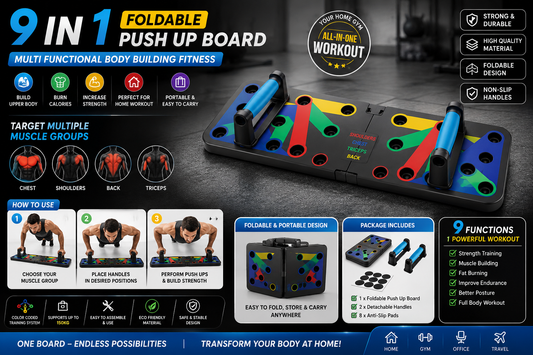 9-in-1 Foldable Push Up Board System | Portable Home Gym Fitness Workout Kit