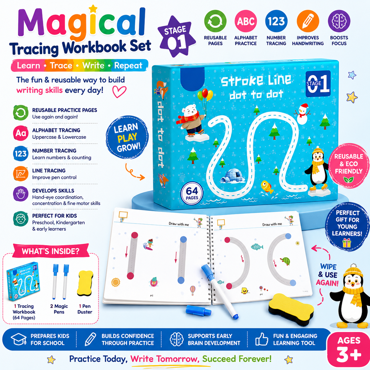 Magical Reusable Tracing Workbook Set for Kids | Alphabet, Numbers & Line Practice | Magic Pen Included