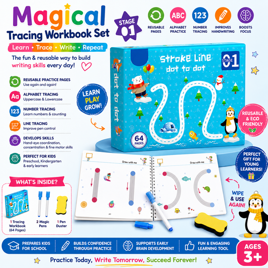 Magical Reusable Tracing Workbook Set for Kids | Alphabet, Numbers & Line Practice | Magic Pen Included