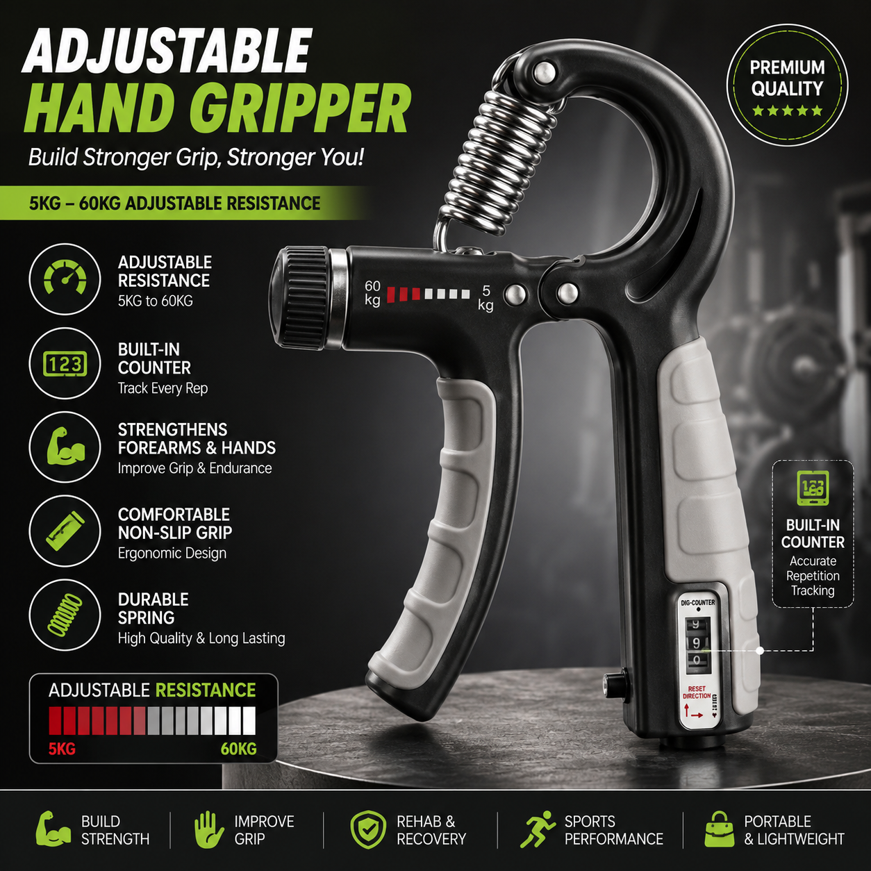 Adjustable Hand Gripper with Counter | Forearm & Finger Strength Trainer (5–60kg)
