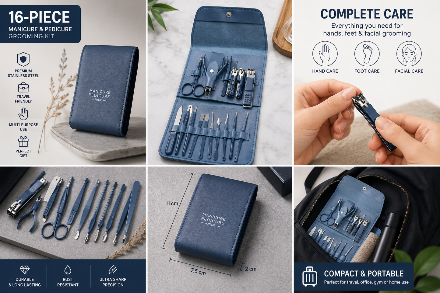 16-Piece Premium Personal Manicure & Pedicure Grooming Kit – Professional Stainless Steel Nail Clippers & Care Set with Travel Case