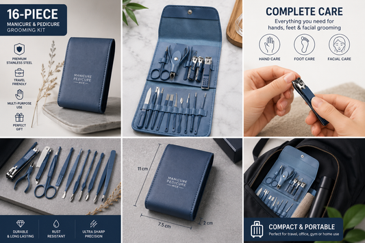 16-Piece Premium Personal Manicure & Pedicure Grooming Kit – Professional Stainless Steel Nail Clippers & Care Set with Travel Case