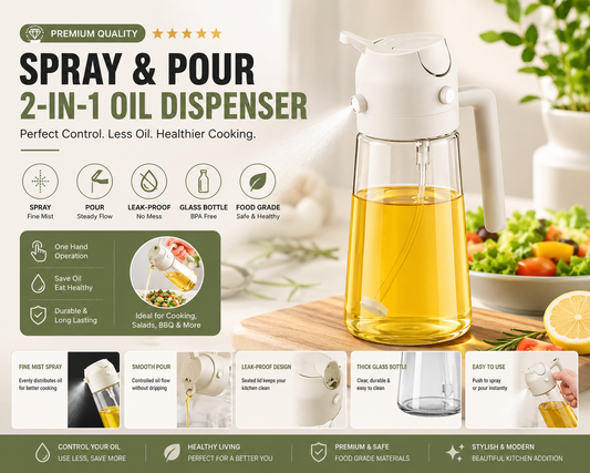 2-in-1 Oil Spray Bottle | 470ml Glass Oil Dispenser for Cooking, BBQ & Air Fryer