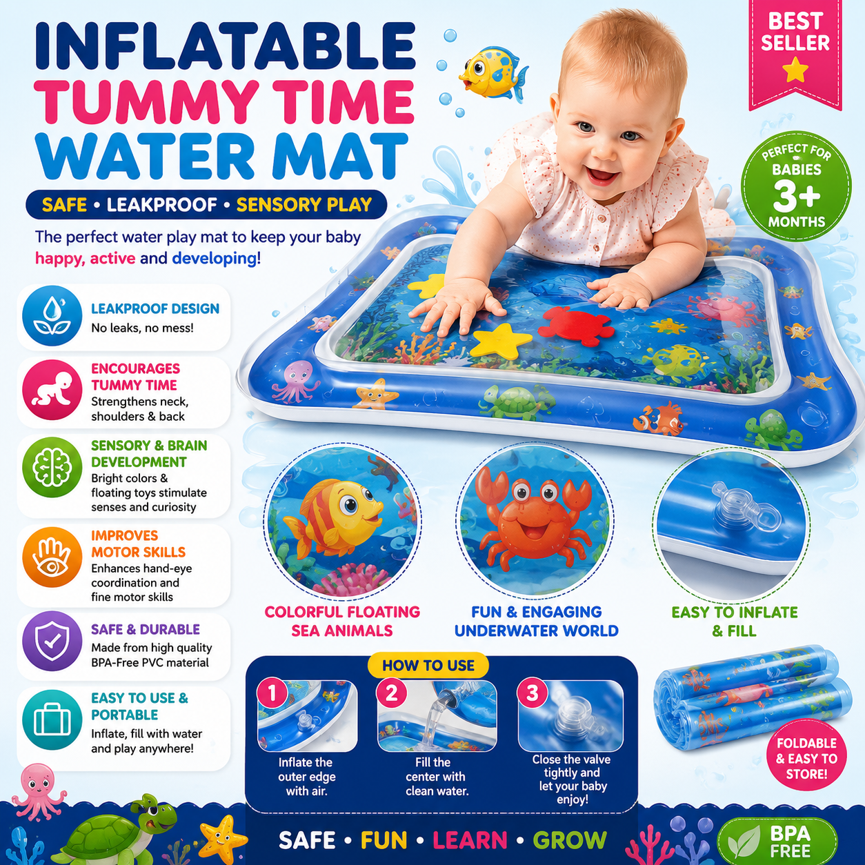 Inflatable Tummy Time Water Play Mat for Babies | Leakproof Sensory Activity Mat