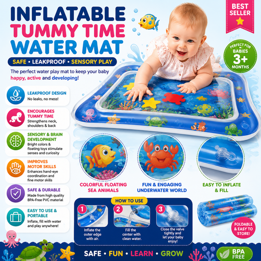 Inflatable Tummy Time Water Play Mat for Babies | Leakproof Sensory Activity Mat