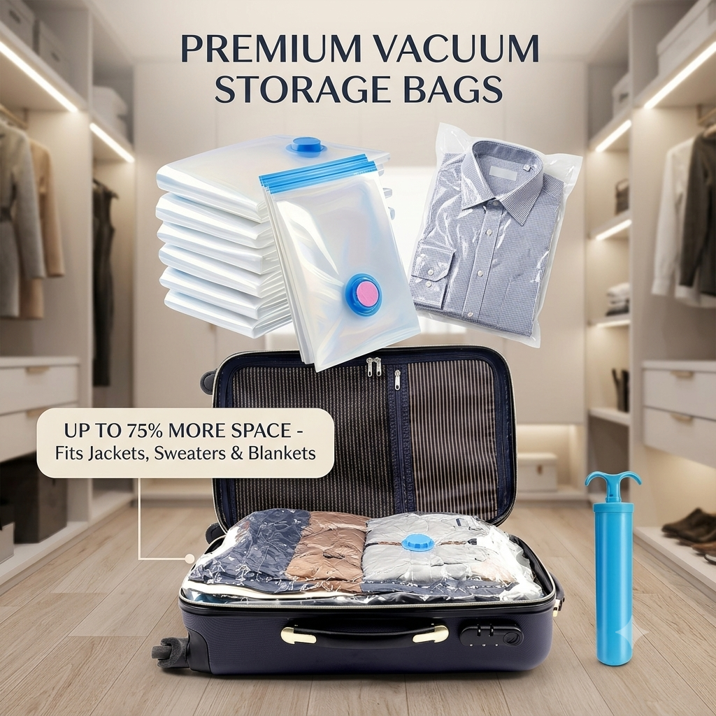 5-Pack Vacuum Storage Bags with Hand Pump | Space Saving Compression Bags for Clothes, Blankets & Travel